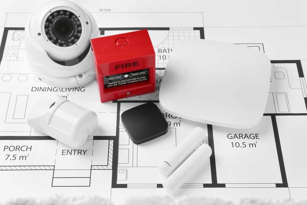 Different equipment of security system on home plan