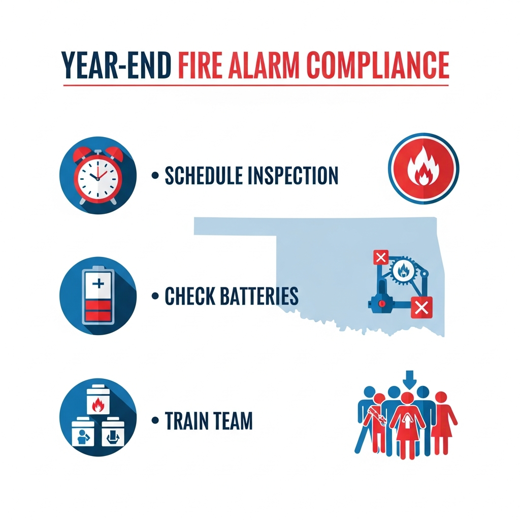Flat-design checklist infographic for year-end fire alarm compliance, featuring steps like scheduling inspections, checking batteries, and team training, with alarm icons, calendars, and Oklahoma outline for business owners in Oklahoma and Arkansas.