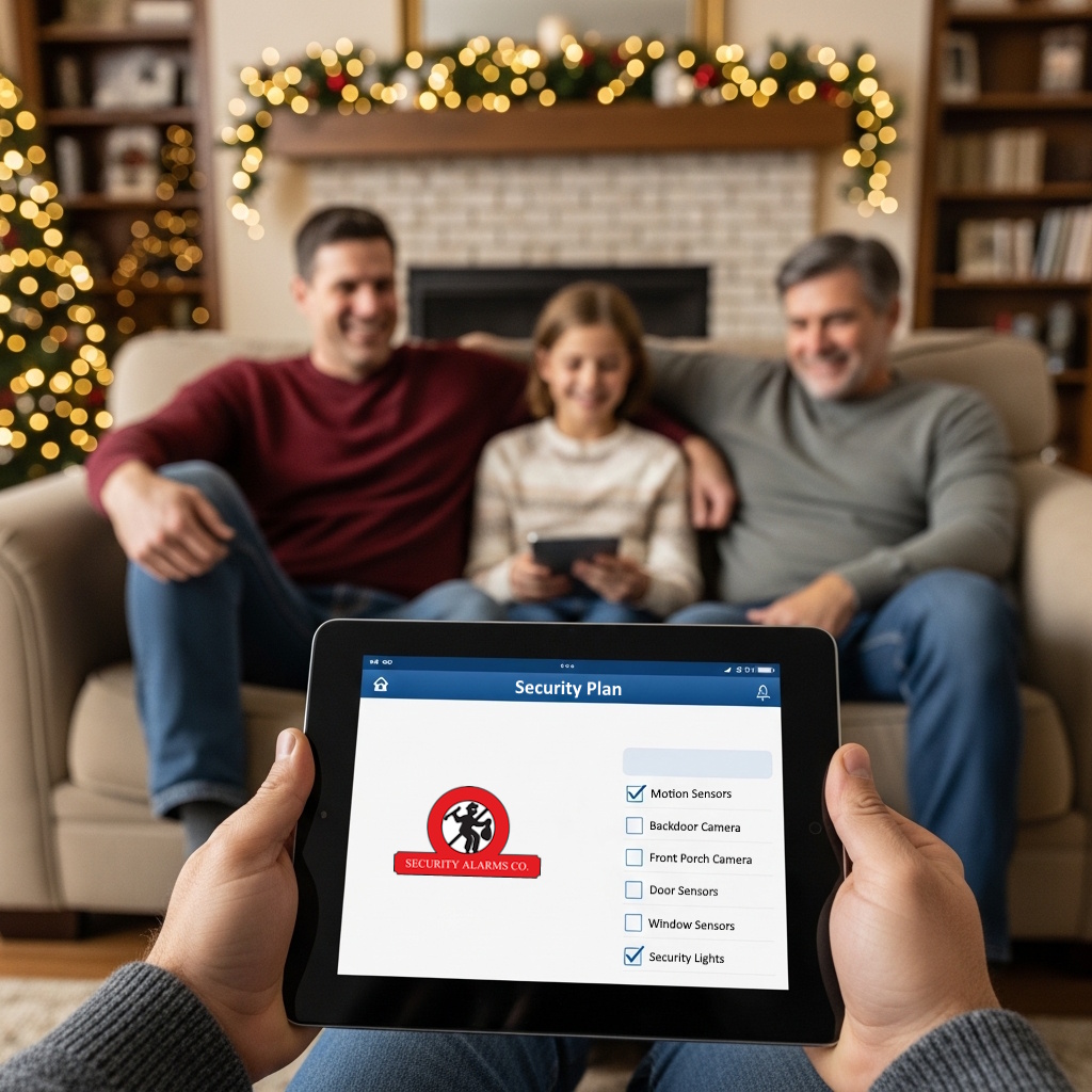 Person holding a tablet with security options on it with a family in the background.